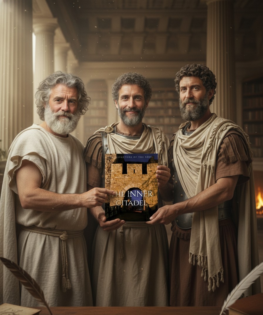 LOS TRES ESTOICOS MOSTRANDO EL LIBRO